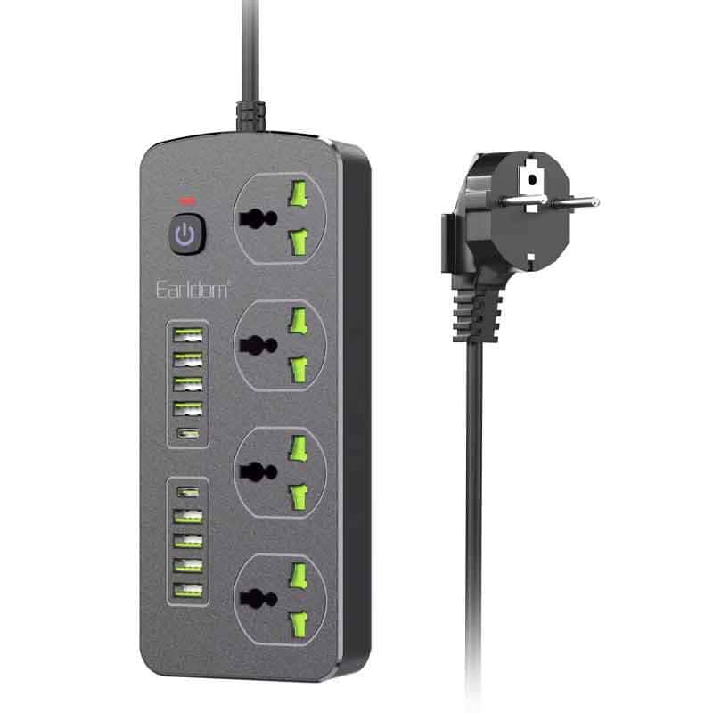 چند راهی 4 خانه برق ارت دار ارلدام ES-SC11 با کابل 2 متری + شارژر USB و Type-C
