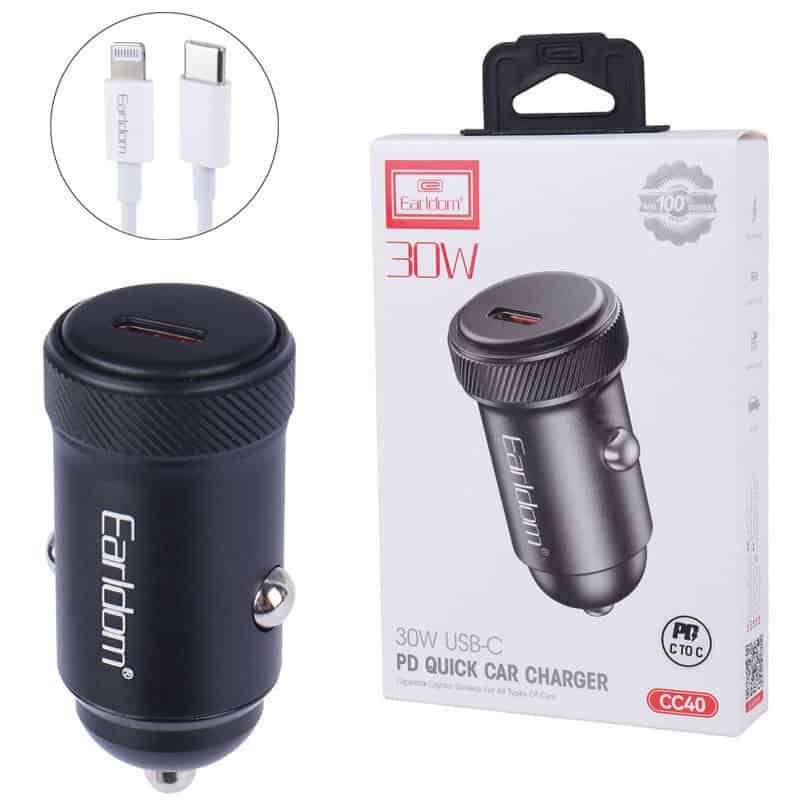 شارژر فندکی فست شارژ Earldom ES-CC40 3A PD 30W + کابل تبدیل آیفونی
